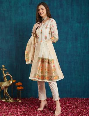 Rajgranth women's cotton chanderi fabric jacquard print kurta set with dupatta 2