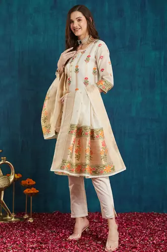 Rajgranth women's cotton chanderi fabric jacquard print kurta set with dupatta