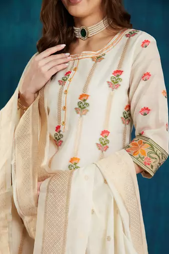 Rajgranth women's cotton chanderi fabric jacquard print kurta set with dupatta