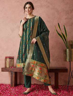 Rajgranth women's cotton chanderi fabric jacquard print kurta set with dupatta 1