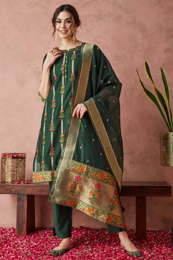 Rajgranth women's cotton chanderi fabric jacquard print kurta set with dupatta
