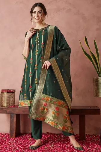 Rajgranth women's cotton chanderi fabric jacquard print kurta set with dupatta