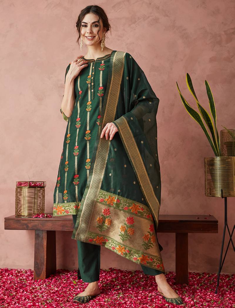 Rajgranth women's cotton chanderi fabric jacquard print kurta set with dupatta