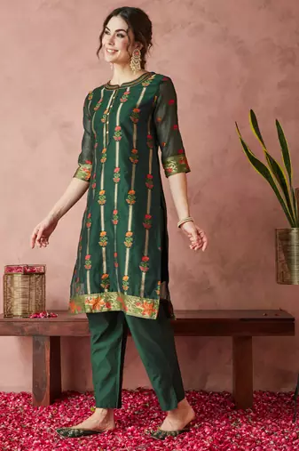 Rajgranth women's cotton chanderi fabric jacquard print kurta set with dupatta