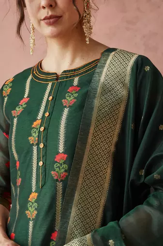 Rajgranth women's cotton chanderi fabric jacquard print kurta set with dupatta