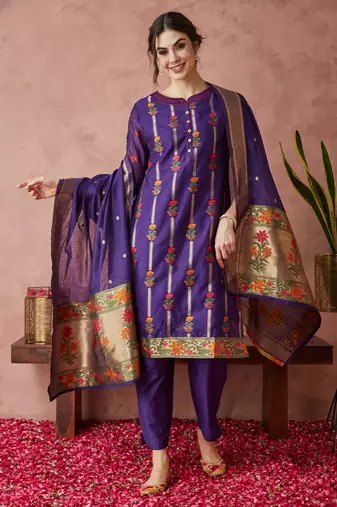 Rajgranth women's cotton chanderi fabric jacquard print kurta set with dupatta