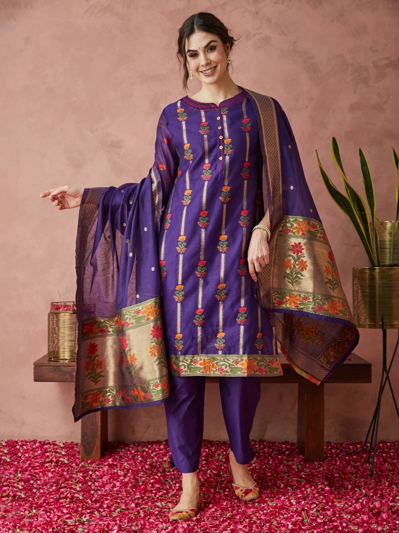 Rajgranth women's cotton chanderi fabric jacquard print kurta set with dupatta