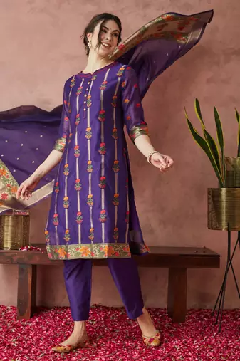 Rajgranth women's cotton chanderi fabric jacquard print kurta set with dupatta