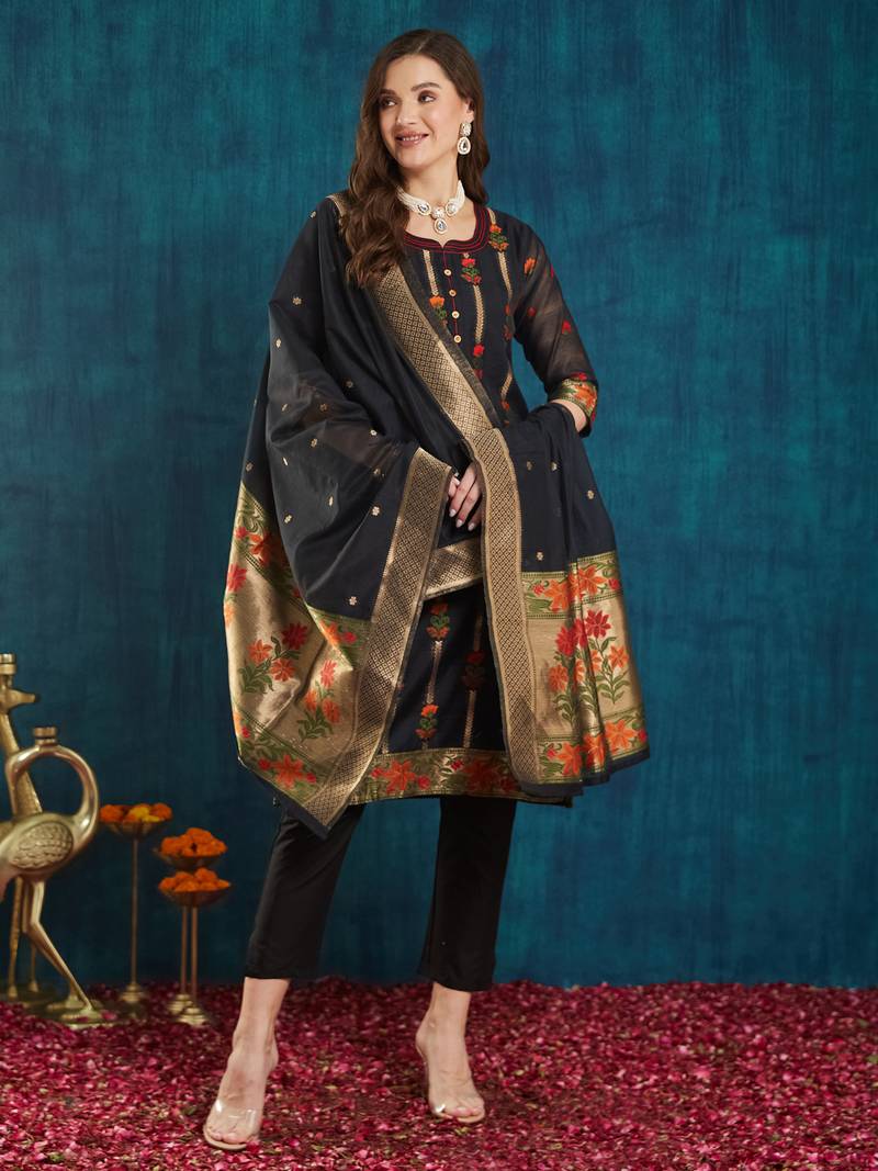 Rajgranth women's cotton chanderi fabric jacquard print kurta set with dupatta