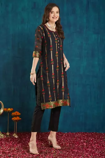Rajgranth women's cotton chanderi fabric jacquard print kurta set with dupatta