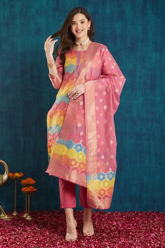 Rajgranth women's cotton chanderi fabric jacquard  kurta set with jacquard print dupatta