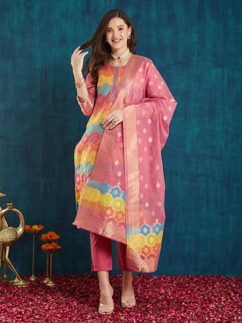 Rajgranth women's cotton chanderi fabric jacquard  kurta set with jacquard print dupatta