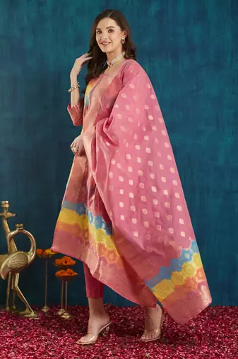 Rajgranth women's cotton chanderi fabric jacquard  kurta set with jacquard print dupatta