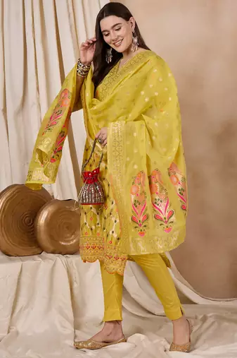 Rajgranth women's cotton chanderi fabric jacquard print kurta set with dupatta