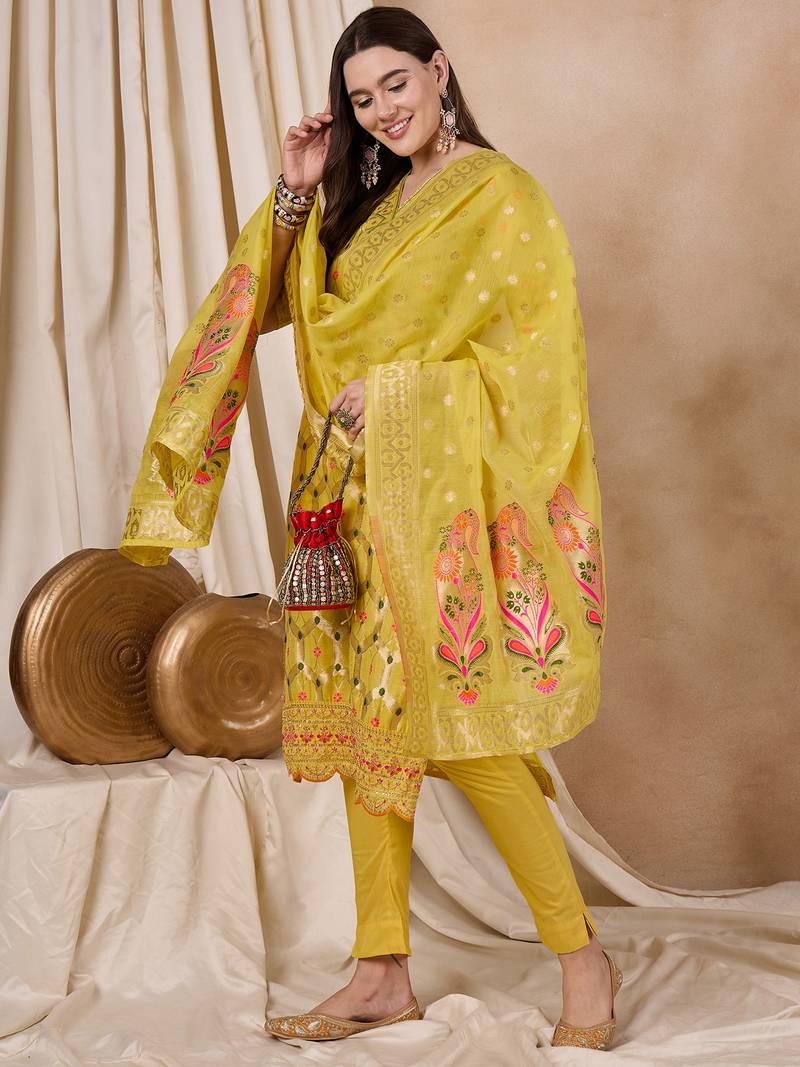 Rajgranth women's cotton chanderi fabric jacquard print kurta set with dupatta