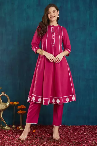 Rajgranth women's roman silk cross-stitch embroidered flared kurti with pants