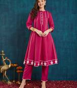 Rajgranth women's roman silk cross-stitch embroidered flared kurti with pants