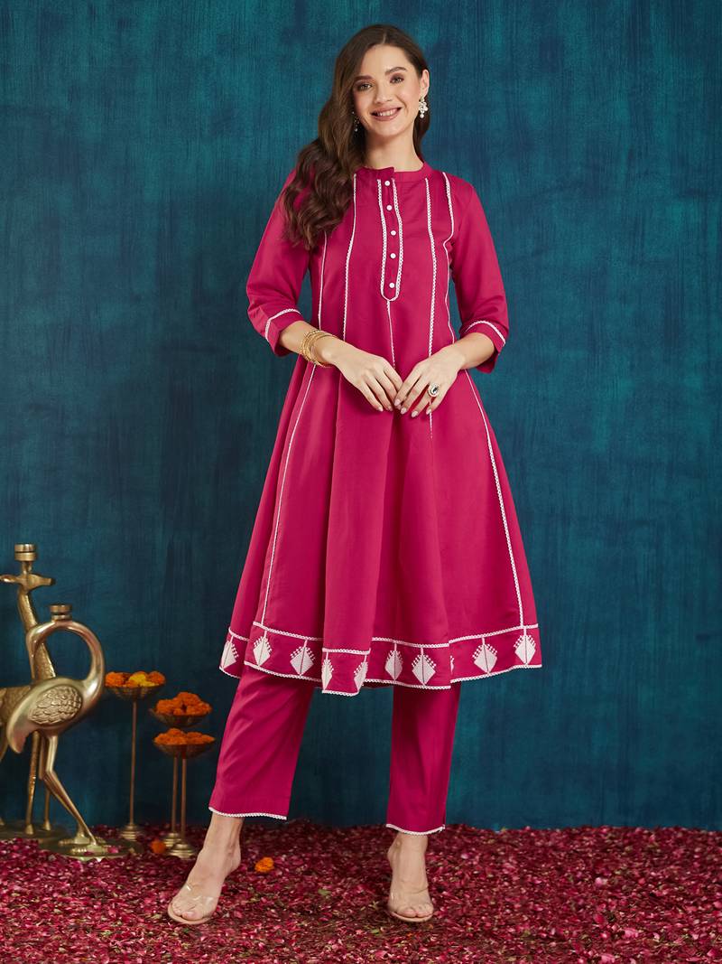 Rajgranth women's roman silk cross-stitch embroidered flared kurti with pants