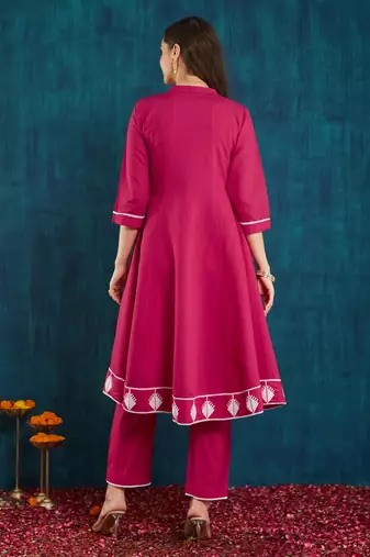 Rajgranth women's roman silk cross-stitch embroidered flared kurti with pants
