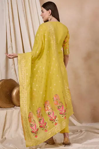 Rajgranth women's cotton chanderi fabric jacquard print kurta set with dupatta