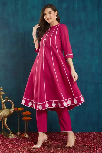 Rajgranth women's roman silk cross-stitch embroidered flared kurti with pants
