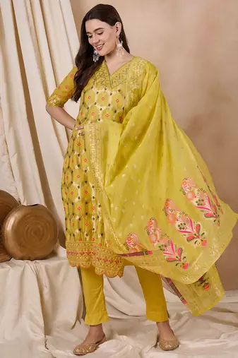 Rajgranth women's cotton chanderi fabric jacquard print kurta set with dupatta