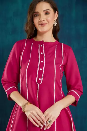 Rajgranth women's roman silk cross-stitch embroidered flared kurti with pants