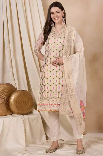 Rajgranth women's cotton chanderi fabric jacquard print kurta set with dupatta