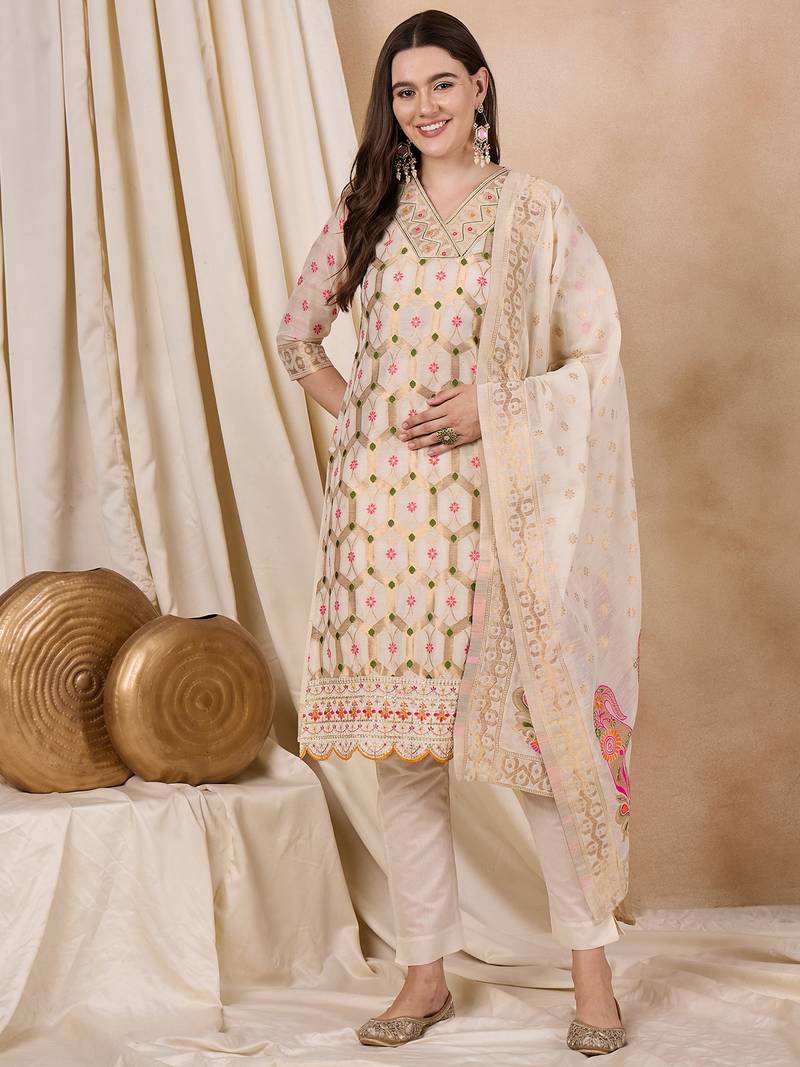 Rajgranth women's cotton chanderi fabric jacquard print kurta set with dupatta