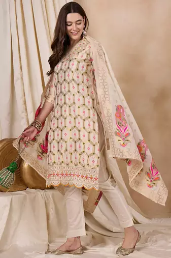 Rajgranth women's cotton chanderi fabric jacquard print kurta set with dupatta