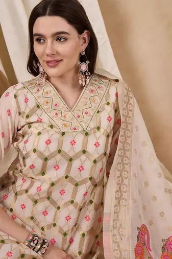 Rajgranth women's cotton chanderi fabric jacquard print kurta set with dupatta