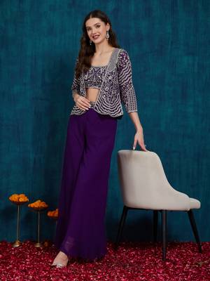 Rajgranth women's elegant purple georgette silk embellished jacket palazzo set 1
