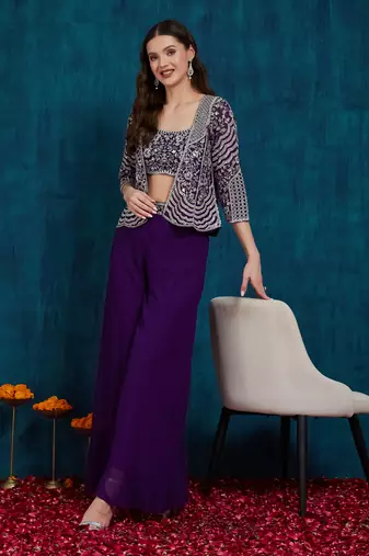 Rajgranth women's elegant purple georgette silk embellished jacket palazzo set