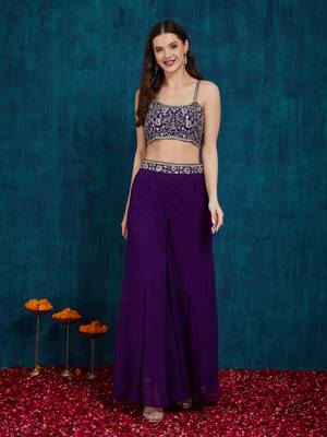 Rajgranth women's elegant purple georgette silk embellished jacket palazzo set 2