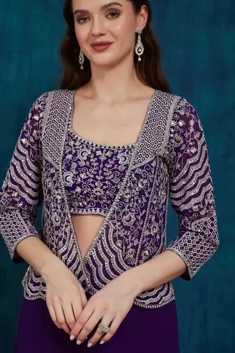Rajgranth women's elegant purple georgette silk embellished jacket palazzo set