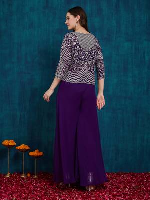 Rajgranth women's elegant purple georgette silk embellished jacket palazzo set 4