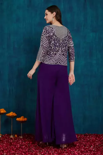 Rajgranth women's elegant purple georgette silk embellished jacket palazzo set