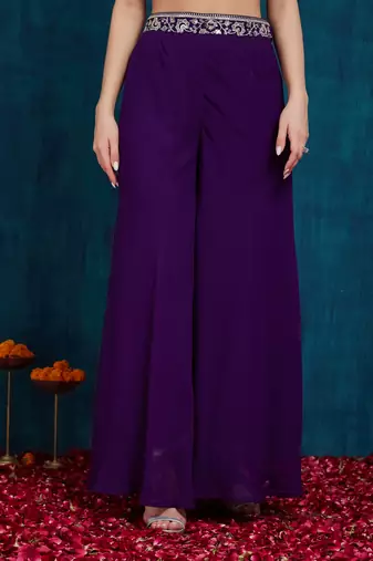 Rajgranth women's elegant purple georgette silk embellished jacket palazzo set