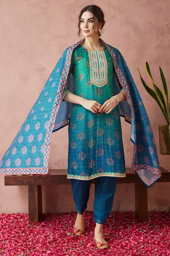 Rajgranth women's exclusive pure silk fabric bandhej print straight kurtaset with dupatta.