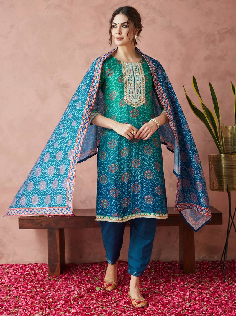 Rajgranth women's exclusive pure silk fabric bandhej print straight kurtaset with dupatta.