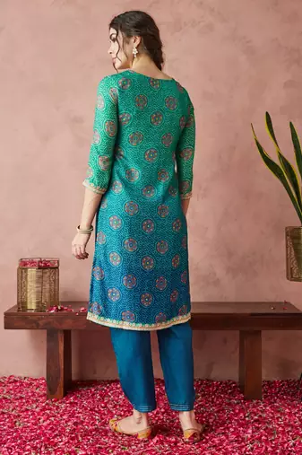 Rajgranth women's exclusive pure silk fabric bandhej print straight kurtaset with dupatta.