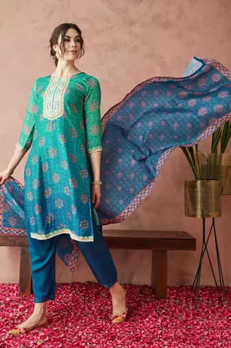Rajgranth women's exclusive pure silk fabric bandhej print straight kurtaset with dupatta.