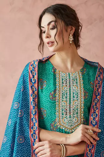 Rajgranth women's exclusive pure silk fabric bandhej print straight kurtaset with dupatta.