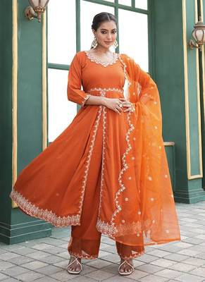 Rajgranth women's elegant roman silk front-cut anarkali kurti set with organza dupatta 1