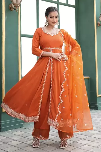 Rajgranth women's elegant roman silk front-cut anarkali kurti set with organza dupatta