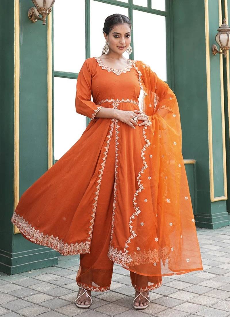 Rajgranth women's elegant roman silk front-cut anarkali kurti set with organza dupatta