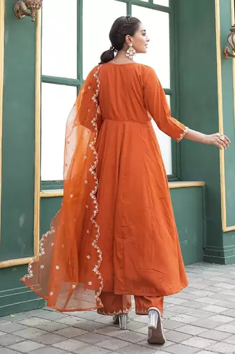Rajgranth women's elegant roman silk front-cut anarkali kurti set with organza dupatta