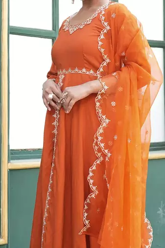 Rajgranth women's elegant roman silk front-cut anarkali kurti set with organza dupatta