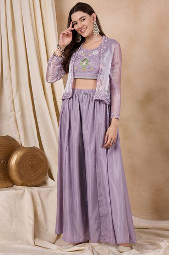 Rajgranth women's lavender embroidered palazzo set with burberry silk koti