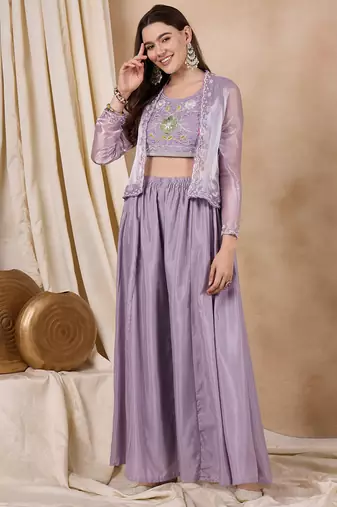 Rajgranth women's lavender embroidered palazzo set with burberry silk koti